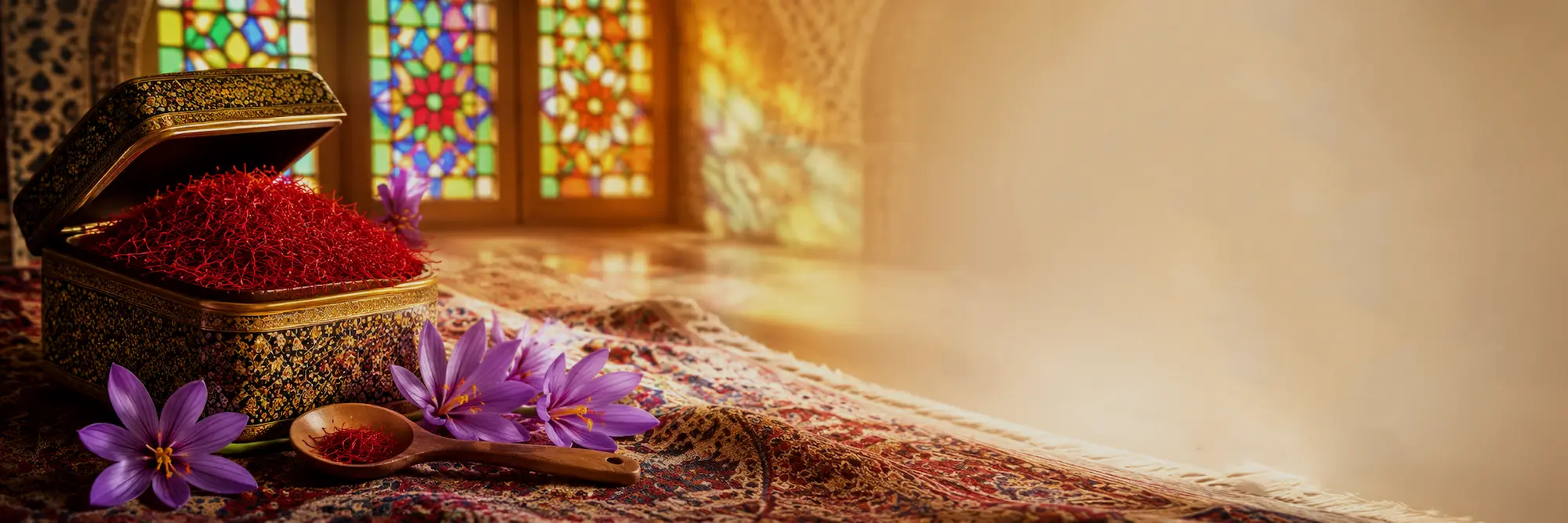 زعفران مرغوب ایرانی در جعبه سنتی با گل‌های بنفش زعفران